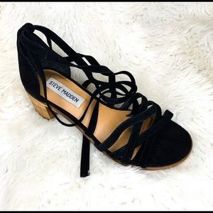 Steve Madden Heels Stacked Block Heel Black Strappy Tie Ankle Women’s 6